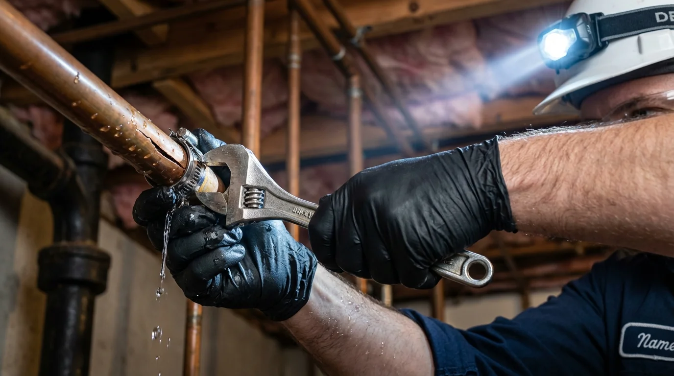 Emergency pipe clamp repair being performed by a Johns Plumbing LLC plumber in Munroe Falls