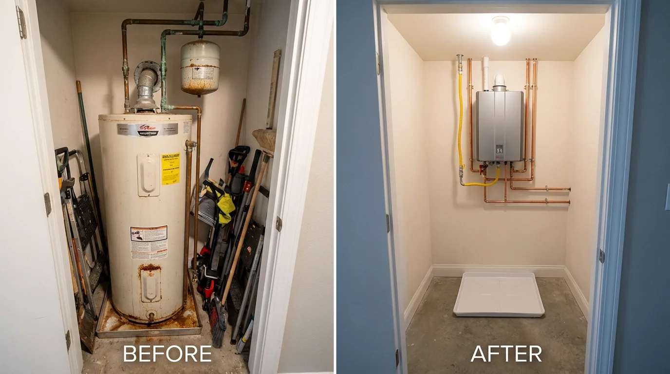 Tank water heater versus wall-mounted tankless unit comparison for Munroe Falls, OH homeowners