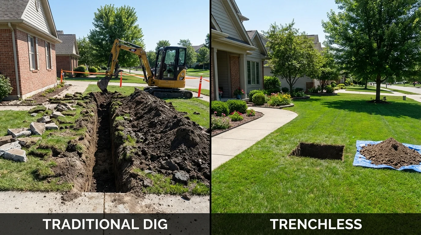 Trenchless sewer repair with minimal yard damage versus traditional excavation in Munroe Falls, OH