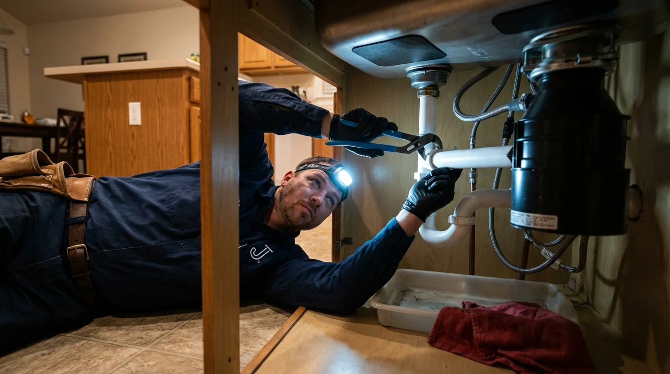 P-trap and supply line connections under a kitchen sink showing a common leak point in Munroe Falls, OH
